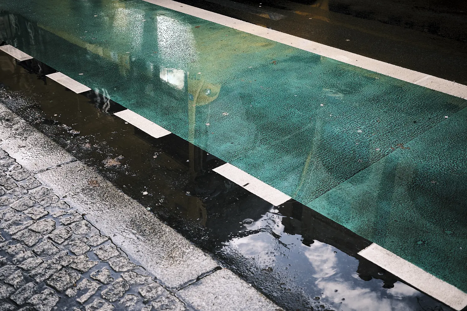 bus spiegelt sich auf dem grünen Radstreifen, der vom regen nass ist